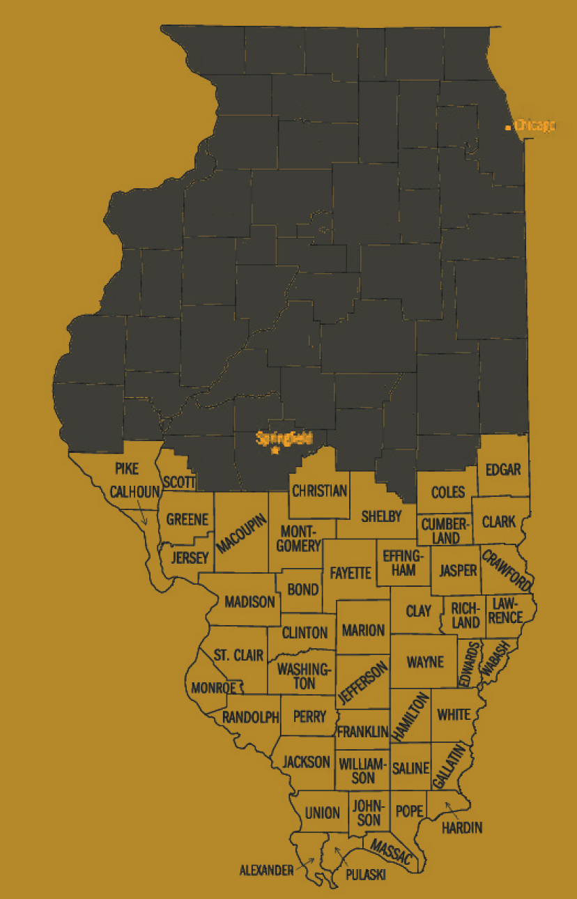 Map of Illinois with southern counties highlighted in gold as covered sales area