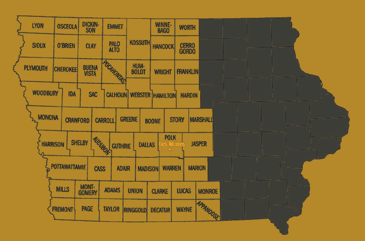 Map of Iowa with western counties highlighted in gold as covered sales area