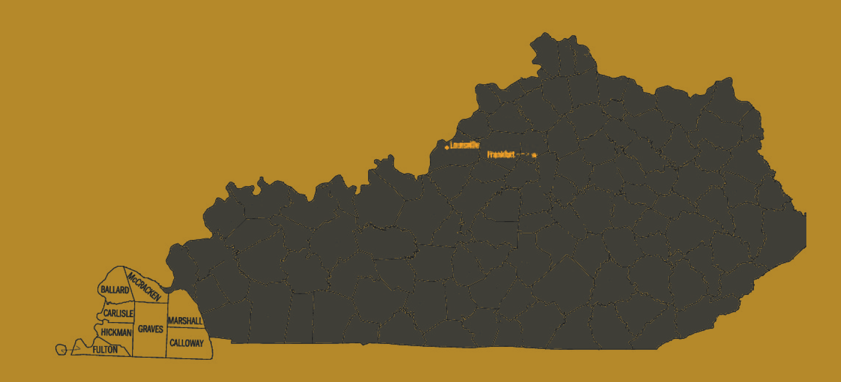 Map of Kentucky with western counties highlighted in gold as covered sales area