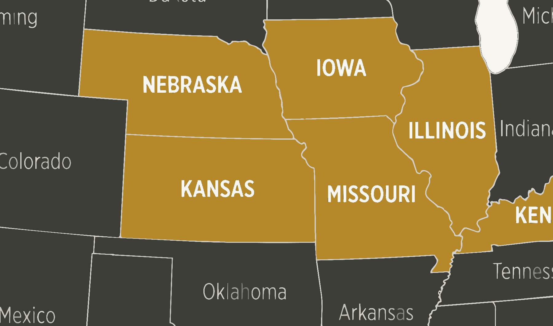 Regional map with Nebraska, Iowa, Kansas, Missouri, Illinois, and Kentucky highlighted in gold as the active sales area